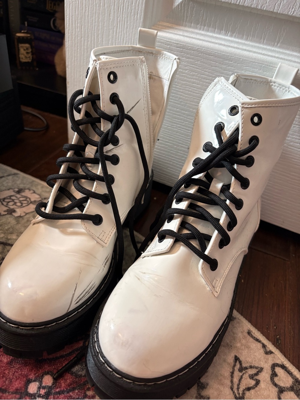 White Platform Lace-Up Combat Boots with Black Soles and Laces